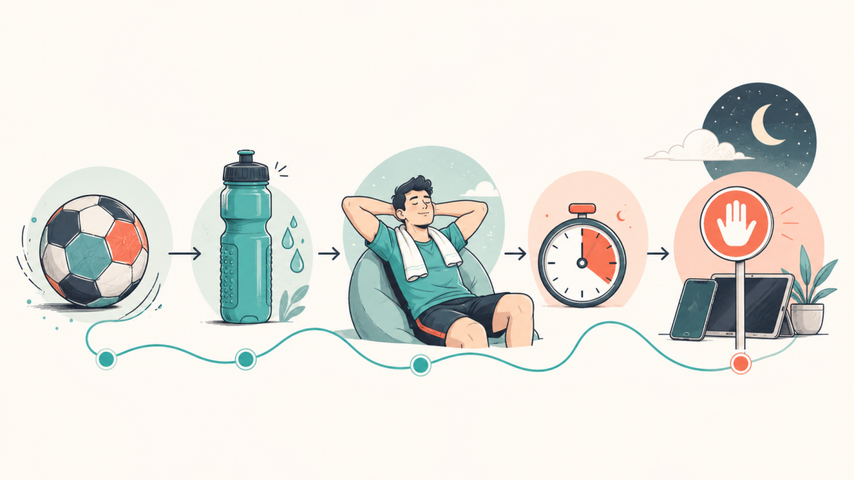 Cycle de récupération avec handball, eau, lune, minuterie et signal d’arrêt.